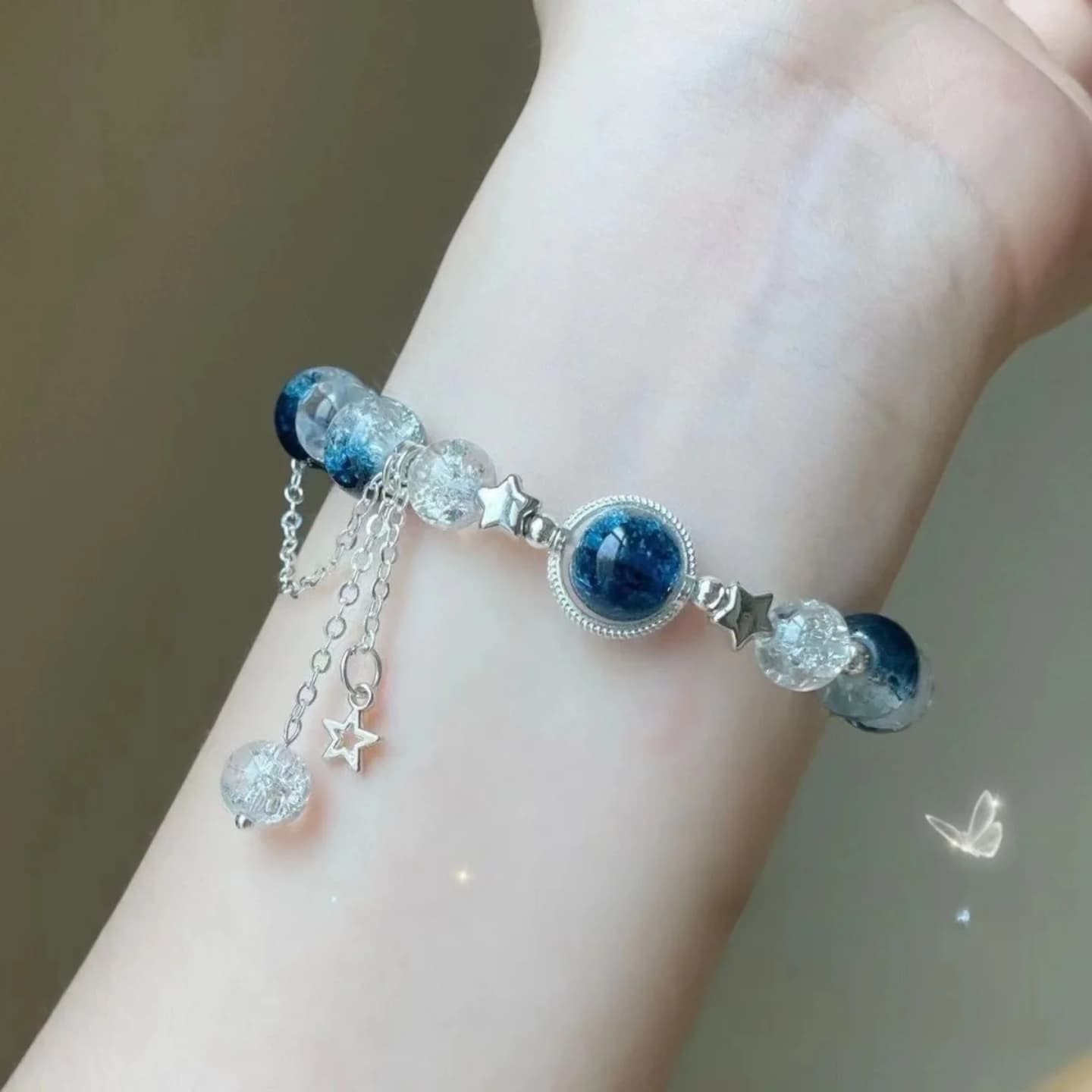 Moon & Star Charm Bracelet – Elegant Crystal Beaded Silver Bracelet for Women